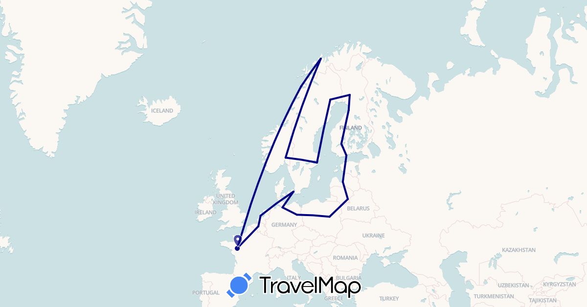 TravelMap itinerary: driving in Belgium, Germany, Denmark, Estonia, Finland, France, Lithuania, Latvia, Netherlands, Norway, Poland, Sweden (Europe)